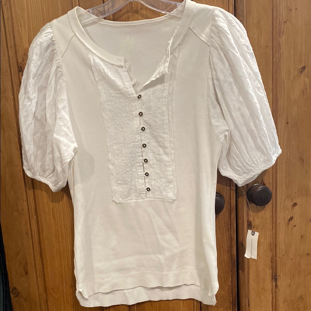 Pilcro White Puff Sleeve Bib Collar Blouse